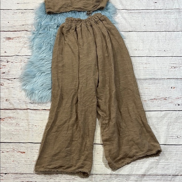 Lace the Label Greek Taupe Gauze Halter Feather Wide Leg Pant Top Set - Picture 2 of 11